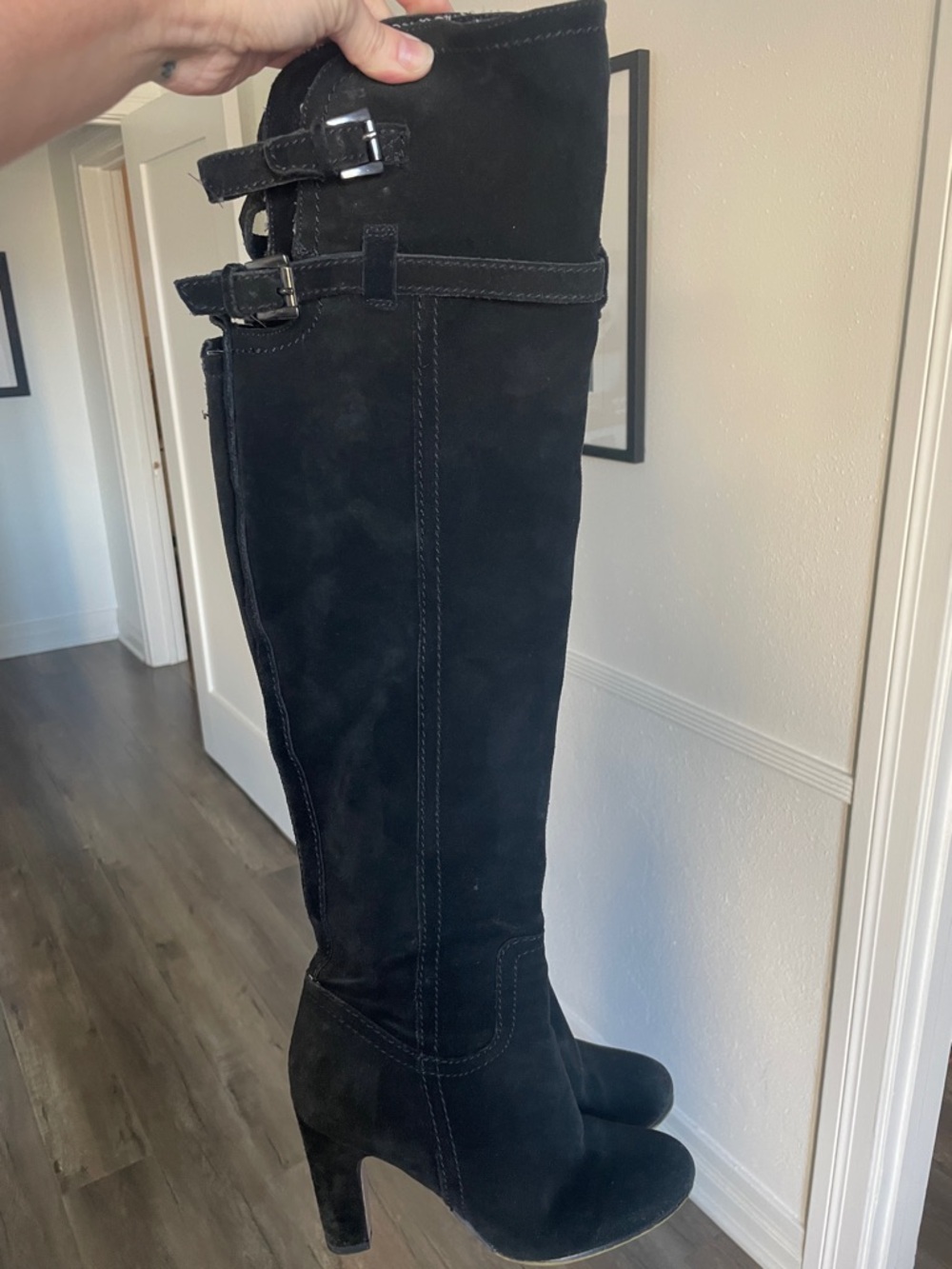 Sam Edelman Black Suede Knee-High Heeled Boots l